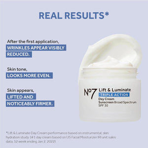 No7 Lift & Luminate Triple Action Day Cream - Anti-Aging Face Moisturizer SPF 30, Hyaluronic Acid & Vitamin C - Firms Skin for Radiant Glow - Suitable for Sensitive Skin (2 Pack, 1.69 Fl Oz Each)