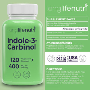 Indole-3-Carbinol 400Mg - 120 Vegeterian Capsules, 4-Month Supply - Organic Supplement for Hormone Balance & Cellular Health - Lab Tested, Made in USA