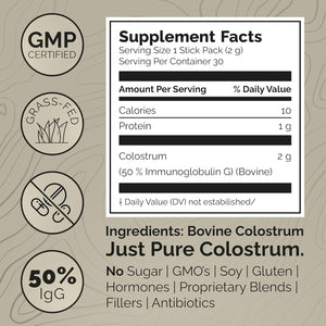Colostrum Supplement for Gut Health, Grass Fed Colostrum Powder, Pure 50% Igg, Skin & Hair, Recovery, Immunity, Digestion - Unflavored, 30 Serving Packets