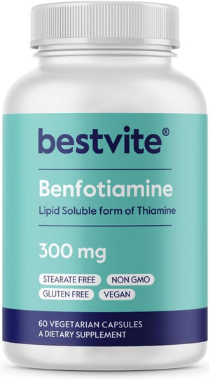 BESTVITE Benfotiamine 300Mg (60 Vegetarian Capsules) No Stearates - No Silicon Dioxide - Vegan - Non GMO - Gluten Free