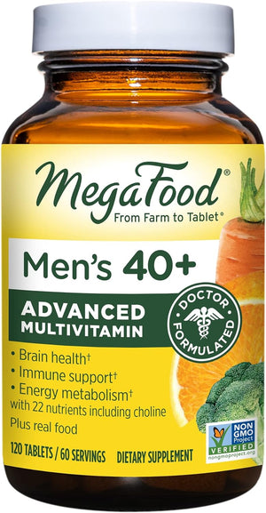 Megafood Men'S 40+ Advanced Multivitamin for Men - Dr-Formulated - Choline, Vitamin B, Vitamin C, Vitamin D, Zinc & Real Food - Brain Health, Immune Support - Vegetarian - 60 Tabs (30 Servings)