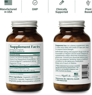 ALGAECAL plus - Organic Red Algae Calcium Supplement, Vitamin K2 MK7 (100Mg), Vitamin D3 (1600 IU), Magnesium (250Mg) & Trace Minerals, for Bone Strength, Easy to Swallow Caps, 3 Month Supply