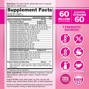 Vital Planet - Vital Flora Women’S Daily Probiotic 60 Billion CFU, 60 Diverse Strains, 7 Organic Prebiotics, Vaginal and Immune Support, Bloating, Digestive Health Probiotics for Women 60 Capsules