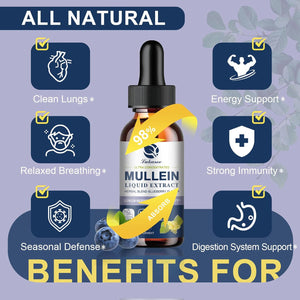 Mullein Drops for Lungs, Lung Detox & Cleanse, 720,000Mg Mullein Leaf Extract Tincture with Chlorophyll, Elderberry, Etc, Vegan Herbal Supplement for Immune Respiratory, Blueberry Flavor