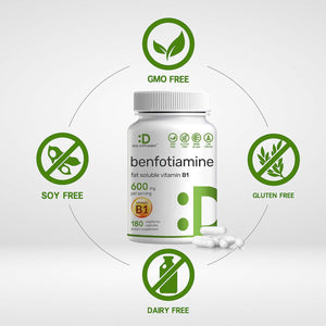 Benfotiamine 600Mg per Serving, 180 Veggie Capsules (300Mg per Cap) – Fat Soluble Vitamin B1 Thiamine Supplement – 3Rd Party Tested, Vegan, Non-Gmo, Gluten Free