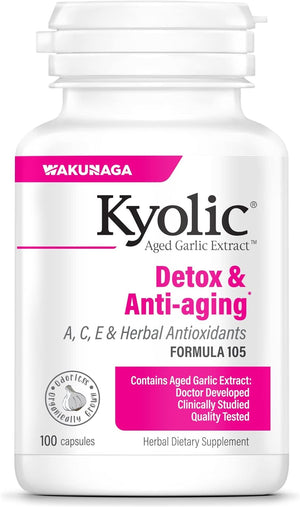 Kyolic Aged Garlic Extract Formula 105, Detox and Anti-Aging, 100 Capsules (Packaging May Vary)