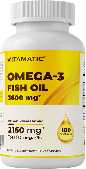 Vitamatic Triple Strength Omega 3 Fish Oil 3600Mg per Serving, 2160Mg Omega 3 Fatty Acids, 1296Mg EPA + 864Mg DHA, Burpless Lemon Flavor, 180 Softgels