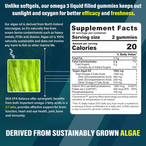 Vegan Omega 3 Gummies 1000Mg, Sugar Free Omega 3 Fish Oil Supplements Alternative, from Marine Algae Oil plus DHA 460Mg & EPA 230Mg, Vitamin B12, Folate for Brain, Bone, Joint, Eye & Immunity, 120 Cts