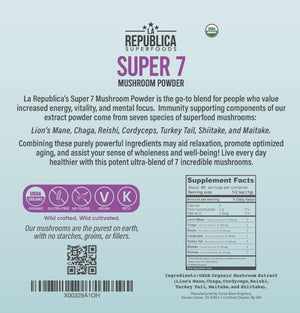 La Republica SUPER 7 USDA Organic Mushroom Powder (Lion'S Mane, Chaga, Reishi, Cordyceps, Maitake, Shiitake, Turkey Tail, Mushroom Supplement, Vegan, No Fillers (3 Oz)