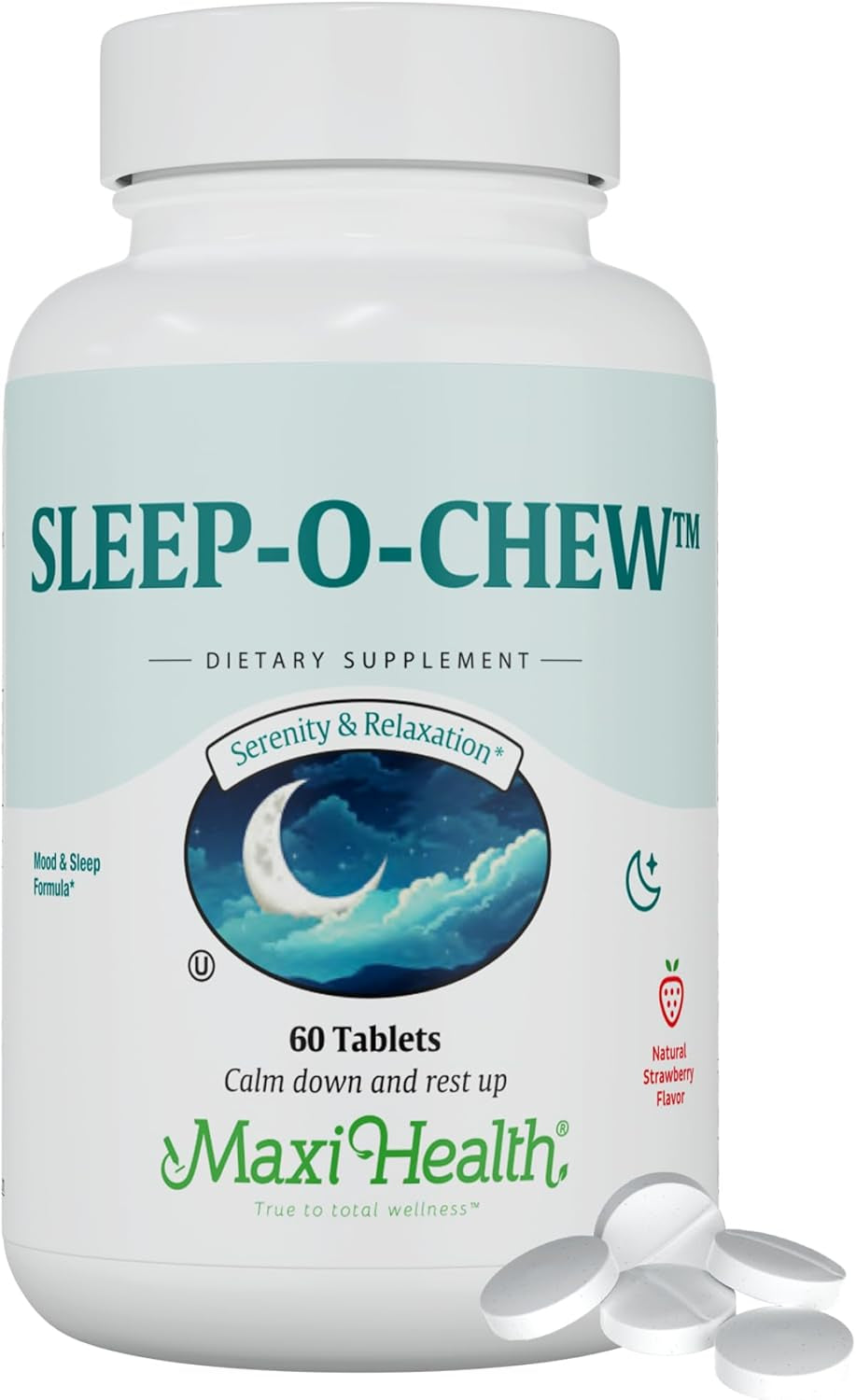 Maxi Health Sleep-O-Chew Strawberry Chewable Tablets with Magnesium, Inositol, L-Tryptophan, 3Mg Melatonin for Sleep Support - Non Habit Forming Sleep Aid for Adults, Kosher Sleep Supplement, 60 Count