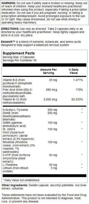 Nutra Biogenesis - Eskaloft - B Vitamins, Rhodiola and St. John'S Wort to Help Support Neurotransmitter Health & Stress Response - Gluten Free - 60 Capsules