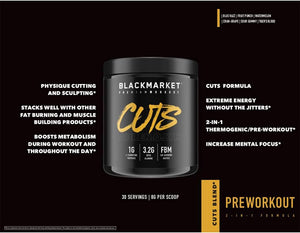 BLACKMARKET CUTS Pre Workout - Flavored Energy Powdered Drink Mix for Men & Women, Great for Muscle Definition, Fat Burning, Thermogenic, Creatine Free (Watermelon, 30 Servings)