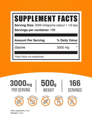 Bulksupplements.Com Glycine Powder - L-Glycine Powder, Glycine Supplements, Glycine 3000Mg - Glycine Amino Acid, Pure & Gluten Free - 3000Mg per Serving, 500G (1.1 Lbs) (Pack of 1)