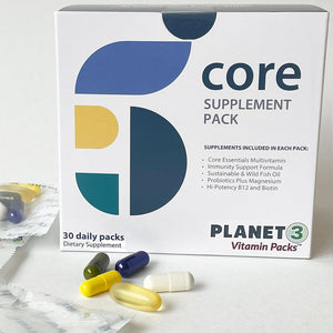 Planet 3 Vitamin Packs, Energy, Immune & Heart Support with Multivitamin, Vitamin D, Probiotics, Biotin, B12, Omega 3, Lutein - Daily Vitamins for Both Men & Women, Core Supplements, 30 Daily Packs