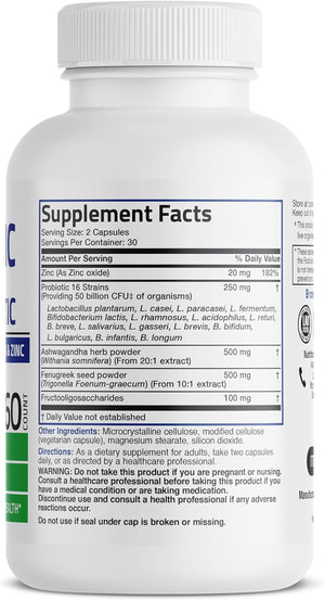 Men'S Probiotic 50 Billion CFU plus Prebiotic with Ashwagandha, Fenugreek & Zinc, Supports Healthy Digestion & Immune Function Non-Gmo, 60 Vegetarian Capsules