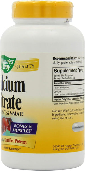 Nature'S Way Calcium Citrate - 500 Mg Calcium per 2-Capsule Serving - for Bone Health & Muscle Function* - Blend of Citrate, Carbonate & Malate - Gluten Free - 250 Capsules (2 Pack)