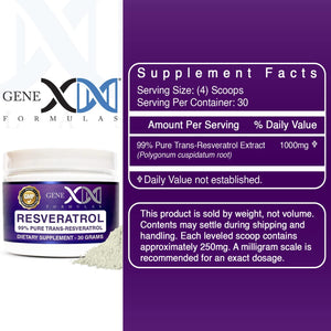 GENEX Trans Resveratrol 1000Mg Serving 99% Pure Micronized Pharmaceutical Grade Trans-Resveratrol Powder 30 Servings or 30Grams 1Gram per Day 30-Day Supply Made in a GMP & NSF Certified Facility