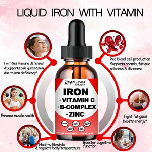 Liquid Iron Supplement W/ Vitamin C, A, B-Complex, Vegan Iron Drops High Potency Liquid Vitamin & Iron Supplements for Women, Men & Children -Support Red Blood Cell, Energy, Anemia & Fatigue