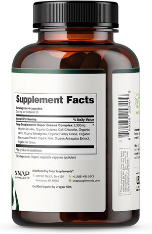 Snap Supplements USDA Organic Spirulina Chlorella Capsules - Green Superfoods for Natural Energy and Metabolic Health, 120 Capsules