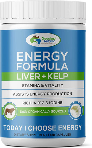 GRASSLAND NUTRITION Grass Fed Beef Liver with Wild Harvested Kelp 100% Organically/Halal Sourced 2-In-1 Energy Formula — Natural B12, Iodine, Iron & Vitamin a (180 Capsules)