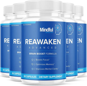 Reawaken Brain Boost Supplement Memory Mindful Advanced Formula 300 Caps 5 Pack