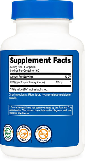 Nutricost PQQ (Pyrroloquinoline Quinone) 20Mg, 60 Capsules (2 Bottles) - Veggie Capsules, Non-Gmo, Gluten Free