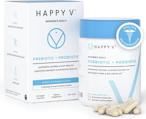 Happy V Dr. Formulated Vaginal Probiotics for Women, Clinically Proven Womens Probiotic for Vaginal Health & Ph Balance Complex, Natural BV Treatment & Yeast Infection Prebiotics, 60 Vegan Capsules