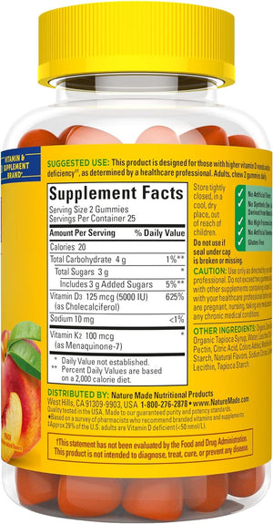 Vitamin D3 K2 Gummies, Vitamin D3 5000 IU per Serving, Bone, Teeth, Muscle, Immune Health Support, 50 Vitamin D + K2 Gummy Vitamins, 25 Day Supply