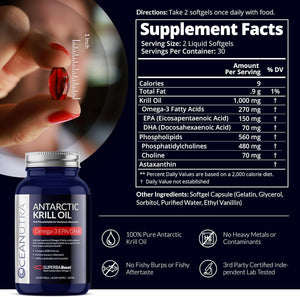 Wild Caught Antarctic Krill Oil 500Mg Softgels, Superbaboost Omega 3 Supplement, EPA & DHA, Astaxanthin, Choline, 56% Phospholipids, Sustainable, No Fish Oil, Vanilla Flavor (60-Day Supply)