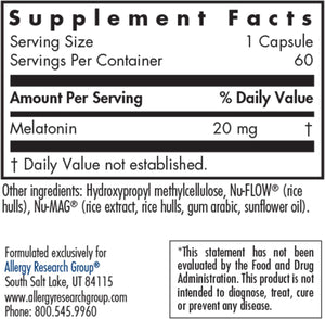 Nutricology Melatonin 20Mg - Pure Melatonin, Extra Strength for Adults, Sleep Aid, High Dose, Organic, Vegetarian Capsules - 60 Count