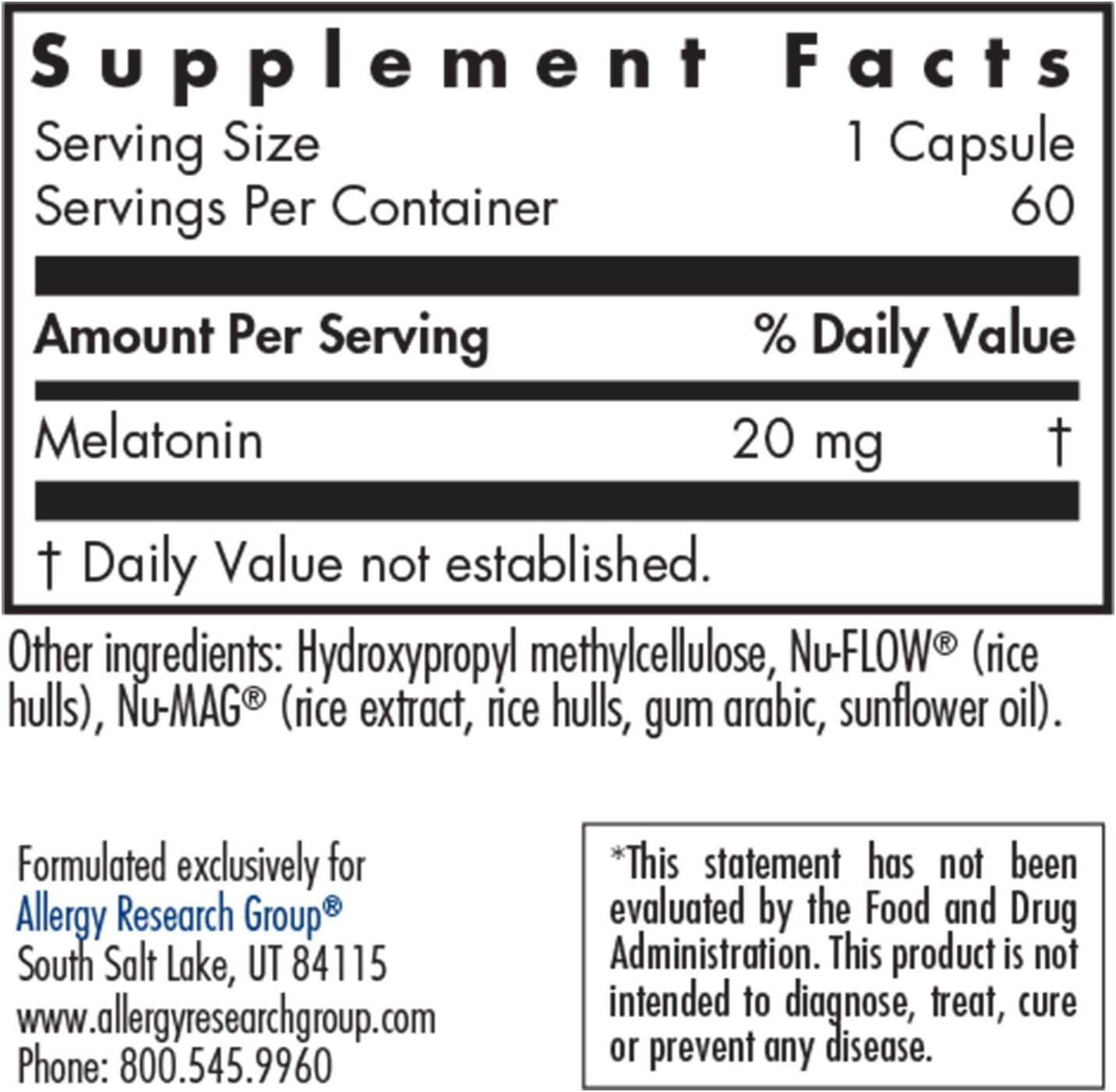 Nutricology Melatonin 20Mg - Pure Melatonin, Extra Strength for Adults, Sleep Aid, High Dose, Organic, Vegetarian Capsules - 60 Count
