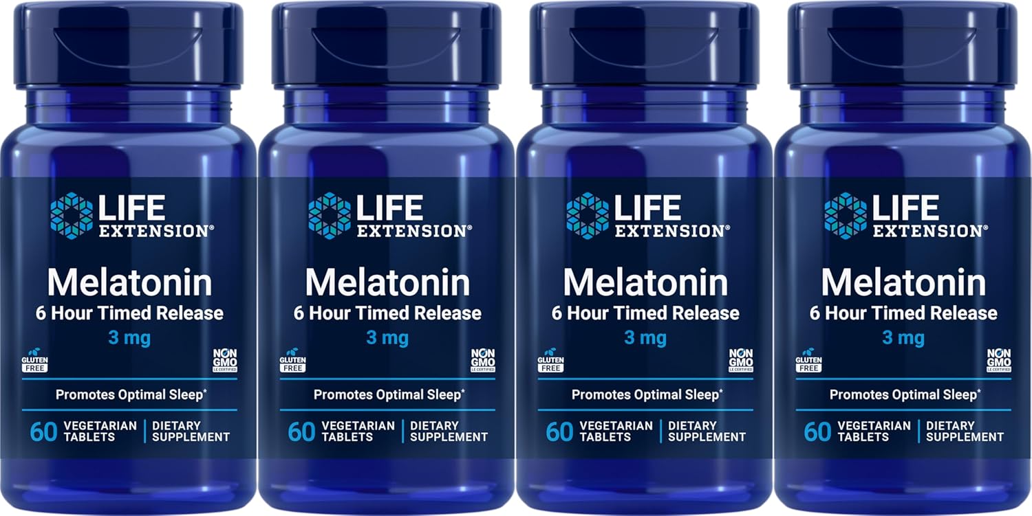 Life Extension Melatonin 6 Hour Timed Release 3 Mg, 60 Vegetarian Tablets (Pack of 4)