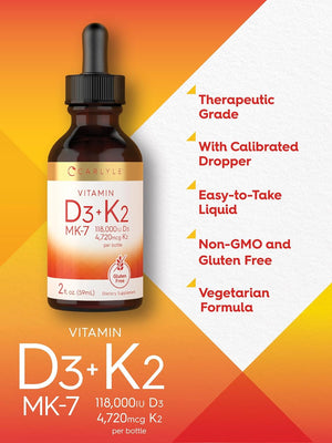 Vitamin D3 K2 Liquid | 2 Fl Oz | MK-7 Supplement | Vegetarian, Non-Gmo, Gluten Free