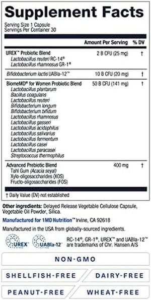 1MD Nutrition Biomemd Probiotics for Women - Daily Prebiotics and Probiotics for Women - More than 60 Billion Cfus, 15 Strains - Womens Probiotic to Support Urinary & Vaginal Health - 30 Capsules