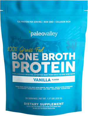 Paleovalley 100% Grass Fed Bone Broth Protein Powder - Chocolate - Rich in Collagen for Hair, Skin, Gut Health, Bone and Joint Support - 28 Servings