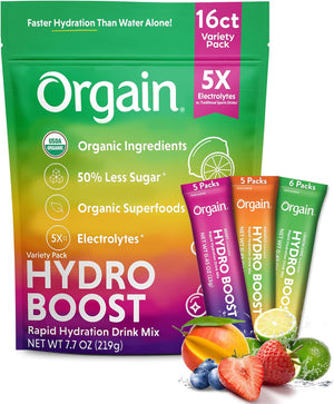 Orgain Organic Hydration Packets, Electrolytes Powder - Mango Hydro Boost with Superfoods, Vegan, Gluten-Free, No Soy Ingredients, Non-Gmo, Less Sugar than Sports Drinks, 16 Count