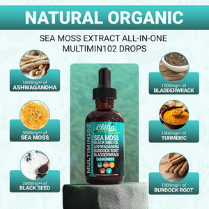 Clean Nutraceuticals Sea Moss Liquid Drops Supplement with Black Seed Oil Ashwagandha Burdock Root & Bladderwrack - Multimineral Organic Non-Gmo Vegan for Gut Heath Skin Immune Support Hair