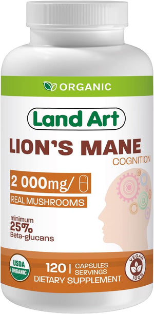 Certified Organic Lion'S Mane - Cognition & Memory - 120 Capsules - 2000Mg- Fruiting Body - Multiple Extraction - over 25% Beta-Glucans