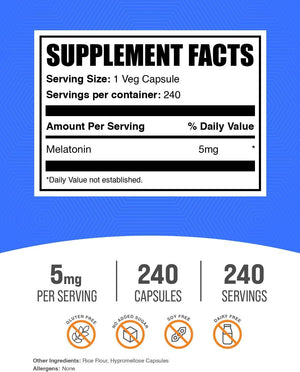 Bulksupplements.Com Melatonin 5 Mg Capsules - Melatonin for Adults, Sleep Supplement - 5Mg Melatonin per Serving, 1 Capsule per Serving, 240 Capsules (Pack of 1)