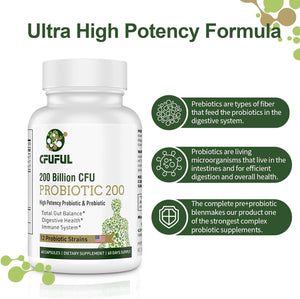 Probiotics for Women & Men, 200 Billion CFU 12 Strains with 3 Organic Prebiotics and Probiotics for Digestive Health Gut, Immune, Bloating & Gas, Energy, Overall Health, Shelf Stable - 2 Month Supply