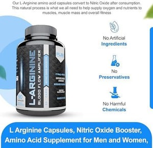 L Arginine Capsules, Nitric Oxide Booster, Amino Acid Supplement for Men and Women, Helps Build Muscle & Strength and Boost Energy, Blood Flow Support - 90 Caps