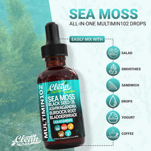 Clean Nutraceuticals Sea Moss Liquid Drops Supplement with Black Seed Oil Ashwagandha Burdock Root & Bladderwrack - Multimineral Organic Non-Gmo Vegan for Gut Heath Skin Immune Support Hair