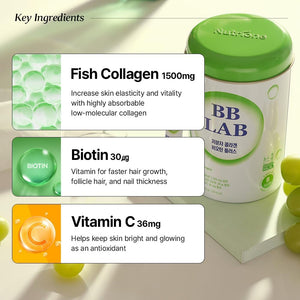 Low Molecular Collagen Biotin Plus, Halal Collagen, Powder Supplement, Korean Marine Collagen, Fish Collagen Peptides, Biotin, Vitamin C, Fast Absorption, Shine Muscat Flavor