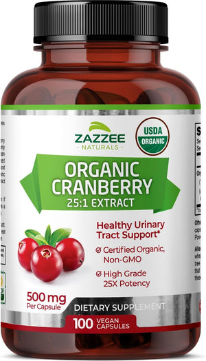 Zazzee USDA Organic Cranberry 25:1 Extract, 12,500 Mg Strength, 100 Vegan Capsules, over 3 Month Supply, Standardized, Concentrated 25X Extract, 100% Vegetarian, Certified Organic, Non-Gmo All-Natural