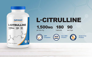 L-Citrulline 1500Mg, 180 Capsules - 750Mg per Capsule, Gluten Free, Non-Gmo, Packaging May Vary