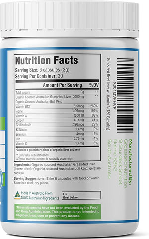 GRASSLAND NUTRITION Grass Fed Beef Liver with Wild Harvested Kelp 100% Organically/Halal Sourced 2-In-1 Energy Formula — Natural B12, Iodine, Iron & Vitamin a (180 Capsules)