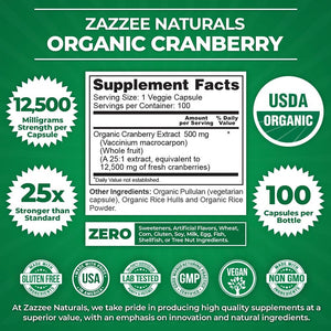 Zazzee USDA Organic Cranberry 25:1 Extract, 12,500 Mg Strength, 100 Vegan Capsules, over 3 Month Supply, Standardized, Concentrated 25X Extract, 100% Vegetarian, Certified Organic, Non-Gmo All-Natural