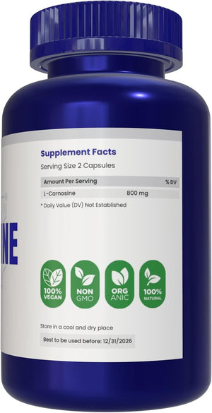 L-Carnosine 400Mg Capsules, 180 Count, L-Carnosine Supplement for Immune Support, Cellular Health, Energy Production, and Performance Enhancement