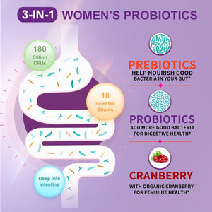 Women'S Probiotic 180 Billion Cfus, 18 Strains, with Organic Prebiotics+Cranberry Extract & D-Mannose, for Digestive, Boost Immune, Women'S Health & Urinary Tract Health, 90 Vegetarian Capsules