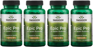 Swanson Epic-Pro 25-Strain Probiotic 30 Billion CFU Digestive Health Immune System Support Prebiotic Nutraflora FOS 30 Drcaps Veggie Capsules (Caps) (4 Pack)
